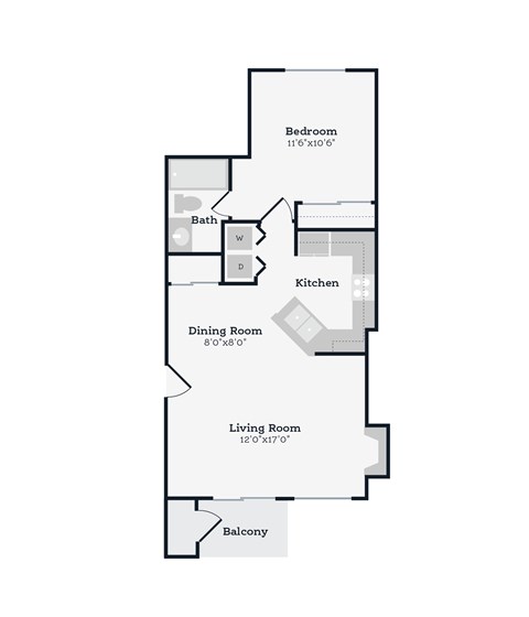 A floor plan of a house with a living room, dining room, kitchen, bedroom and bathroom.
